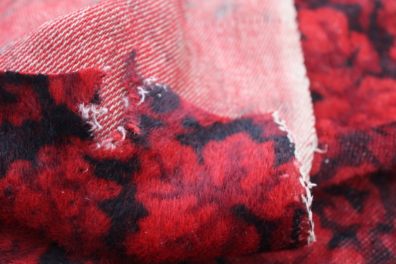 photo of antique and vintage upholstery fabric remnants lot, mohair plush, velveteen rich jewel colors emerald green & red #10