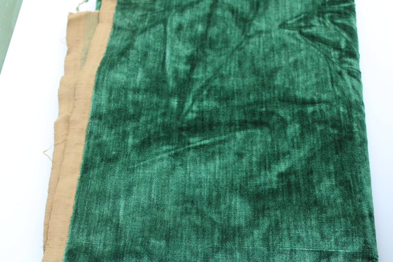 photo of antique and vintage upholstery fabric remnants lot, mohair plush, velveteen rich jewel colors emerald green & red #11