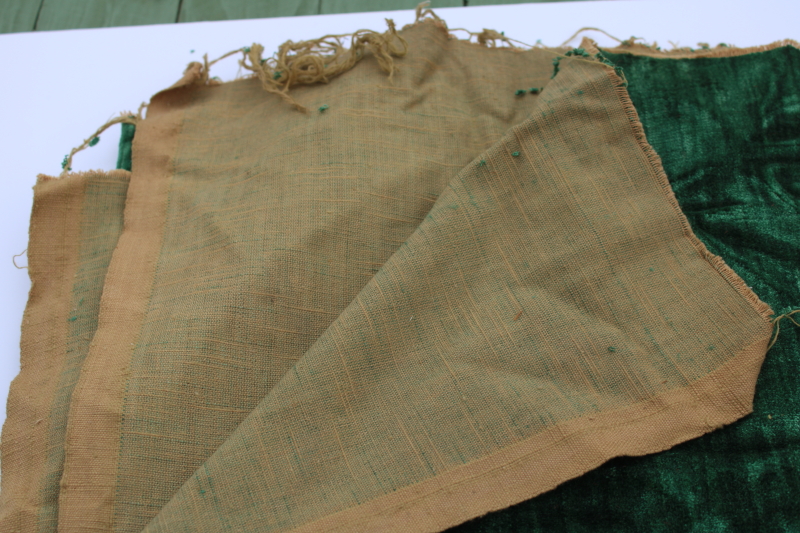 photo of antique and vintage upholstery fabric remnants lot, mohair plush, velveteen rich jewel colors emerald green & red #12