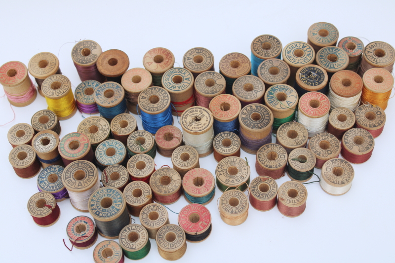 photo of antique and vintage wooden spools silk buttonhole twist, silk embroidery or sewing thread lot #1