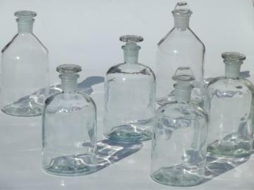 catalog photo of antique apothecary bottles, glass stoppered pharmacy bottle collection