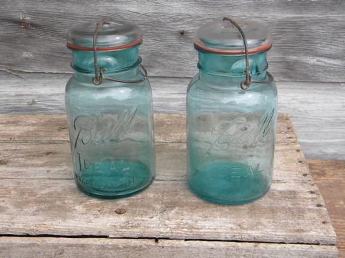 photo of antique aqua blue Ball Ideal 1 qt storage jars w/1908 patent and bubbles #1