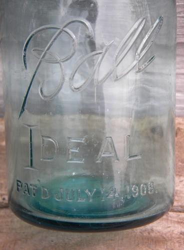 photo of antique aqua blue Ball Ideal 1 qt storage jars w/1908 patent and bubbles #2