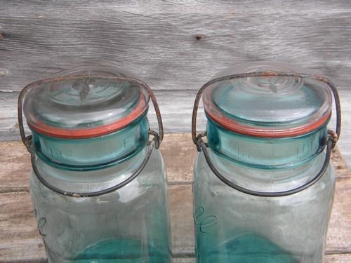 photo of antique aqua blue Ball Ideal 1 qt storage jars w/1908 patent and bubbles #3