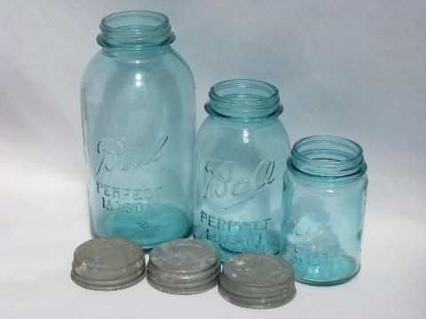 photo of antique aqua blue glass Ball mason canning jars w/ lids, 2 qt, 1 qt, pt #2