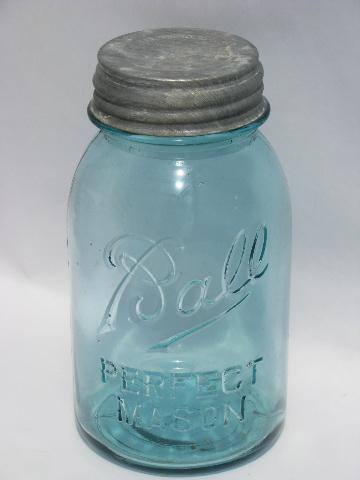 photo of antique aqua blue glass Ball mason canning jars w/ lids, 2 qt, 1 qt, pt #3