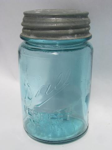 photo of antique aqua blue glass Ball mason canning jars w/ lids, 2 qt, 1 qt, pt #4