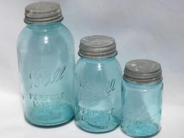 catalog photo of antique aqua blue glass Ball mason canning jars w/ lids, 2 qt, 1 qt, pt