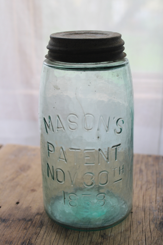 photo of antique aqua blue glass Mason jar 1858 patent, primitive old zinc lid  #1