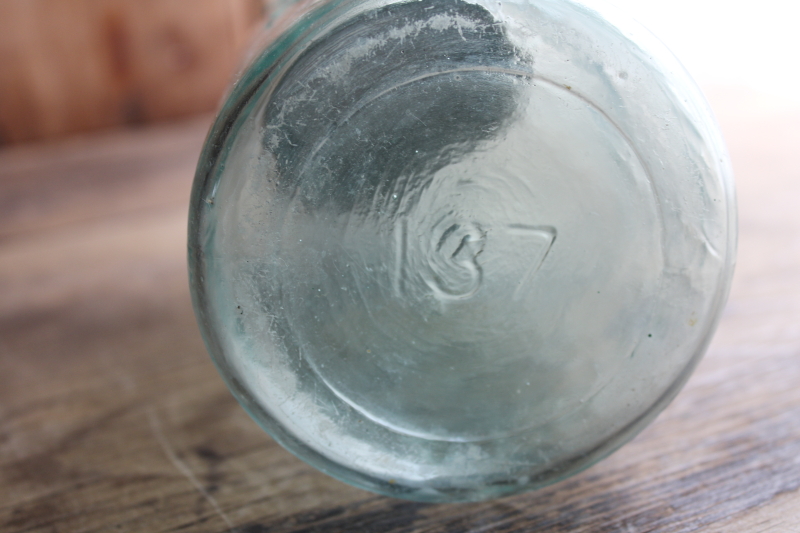 photo of antique aqua blue glass Mason jar 1858 patent, primitive old zinc lid  #2