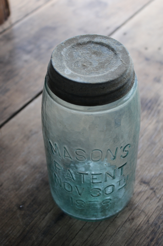 photo of antique aqua blue glass Mason jar 1858 patent, primitive old zinc lid  #3