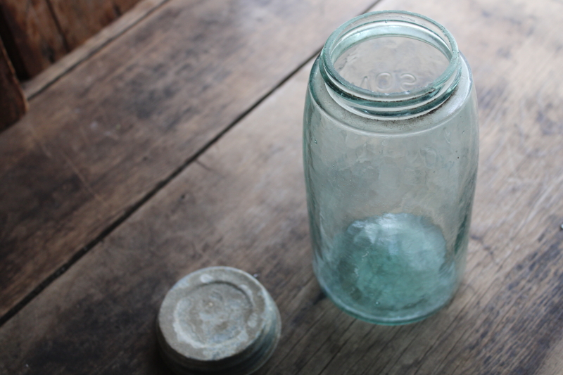 photo of antique aqua blue glass Mason jar 1858 patent, primitive old zinc lid  #4