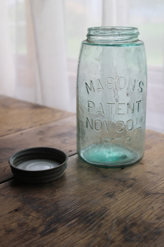 photo of antique aqua blue glass Mason jar 1858 patent, primitive old zinc lid  #7