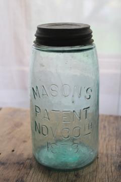 catalog photo of antique aqua blue glass Mason jar 1858 patent, primitive old zinc lid 