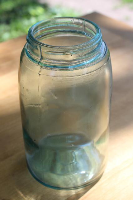 photo of antique aqua blue glass canning jar, one quart Ball Mason 3L embossed lettering #2