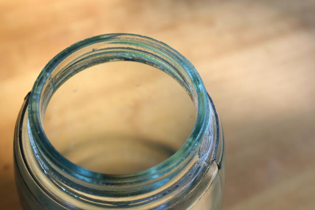 photo of antique aqua blue glass canning jar, one quart Ball Mason 3L embossed lettering #3