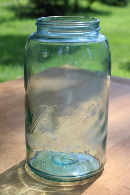 photo of antique aqua blue glass canning jar, one quart Ball Mason 3L embossed lettering #1