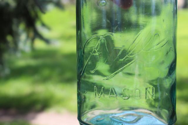 photo of antique aqua blue glass canning jar, one quart Ball Mason 3L embossed lettering #2