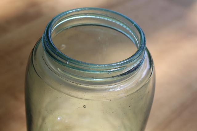 photo of antique aqua blue glass canning jar, one quart Ball Mason 3L embossed lettering #3