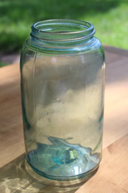 photo of antique aqua blue glass canning jar, one quart Ball Mason 3L embossed lettering #5