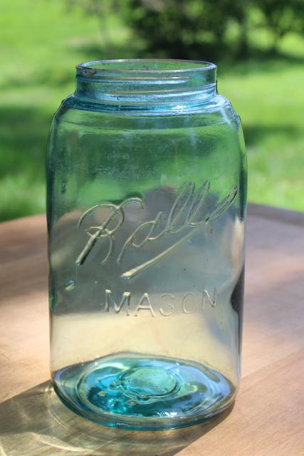 photo of antique aqua blue glass canning jar, one quart Ball Mason 3L embossed lettering #1