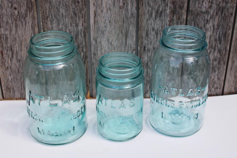 photo of antique aqua blue glass canning jars, Atlas Strong Shoulder Mason jar lot quarts & pint #1