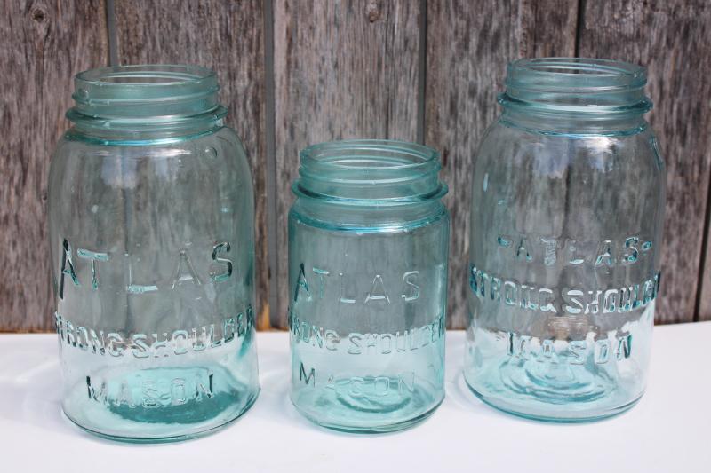 photo of antique aqua blue glass canning jars, Atlas Strong Shoulder Mason jar lot quarts & pint #2