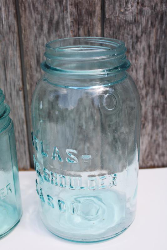 photo of antique aqua blue glass canning jars, Atlas Strong Shoulder Mason jar lot quarts & pint #3