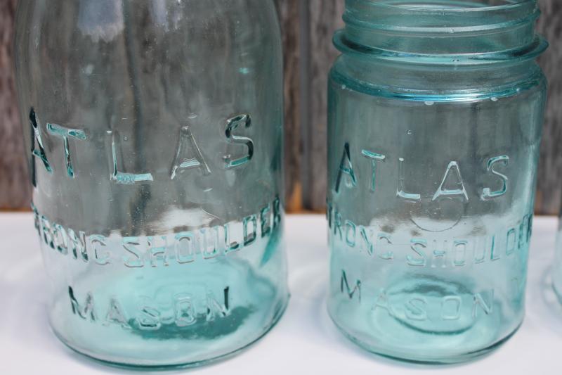 photo of antique aqua blue glass canning jars, Atlas Strong Shoulder Mason jar lot quarts & pint #4