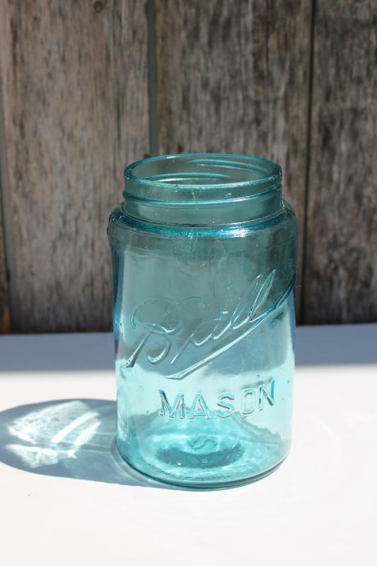 photo of antique aqua blue glass one pint size jar Ball Mason with triple L script lettering #1