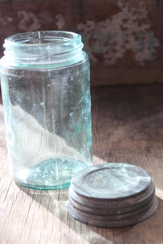 photo of antique aqua blue glass pint size jar Ball Mason with 3L script lettering #5