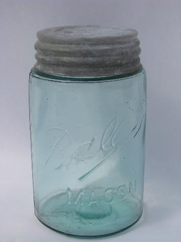 photo of antique aqua blue-green pint size Ball mason canning jar w/ zinc lid #1