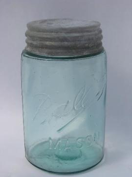 catalog photo of antique aqua blue-green pint size Ball mason canning jar w/ zinc lid