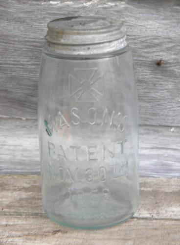 photo of antique aqua glass Mason's Patent jar w/ Masonic cross emblem, 1 qt #1