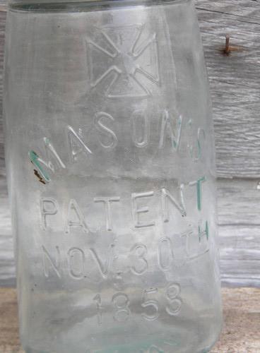 photo of antique aqua glass Mason's Patent jar w/ Masonic cross emblem, 1 qt #2