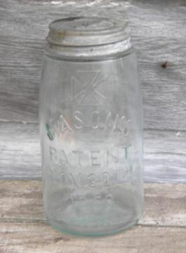 catalog photo of antique aqua glass Mason's Patent jar w/ Masonic cross emblem, 1 qt