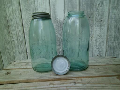 photo of antique aqua green glass mason jars, large  Ball slope shoulder fruit jars #1
