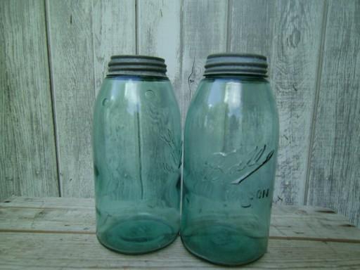 photo of antique aqua green glass mason jars, large  Ball slope shoulder fruit jars  #1