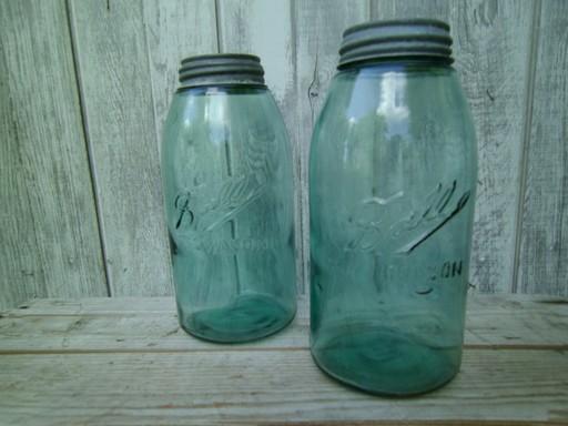 photo of antique aqua green glass mason jars, large  Ball slope shoulder fruit jars  #2