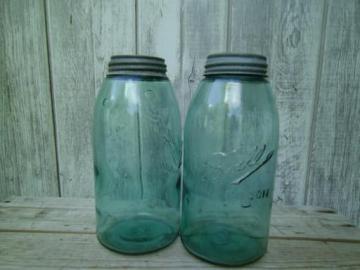catalog photo of antique aqua green glass mason jars, large  Ball slope shoulder fruit jars 