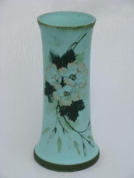 catalog photo of antique aqua green satin glass vase, hand-painted roses floral