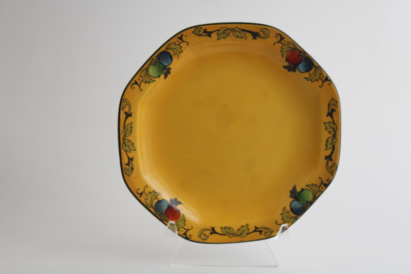 photo of antique art deco 1920s vintage Crownford china plate, deep mustard gold w/ fruit border #1