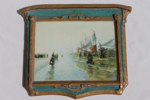 photo of antique art nouveau Regal Art label gesso plank back wall plaque frame w/ print #1