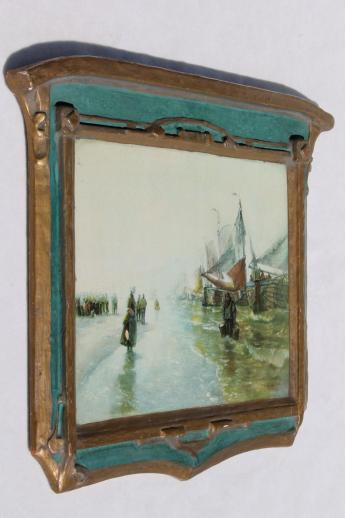 photo of antique art nouveau Regal Art label gesso plank back wall plaque frame w/ print #2