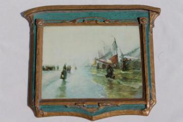 catalog photo of antique art nouveau Regal Art label gesso plank back wall plaque frame w/ print