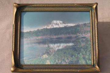 catalog photo of antique art nouveau arts & crafts piecrust wood frame, Reflection Lake color print
