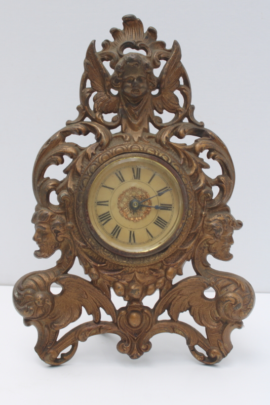 photo of antique art nouveau bronze gold cast metal mantel clock, devils & cherub angel  #1