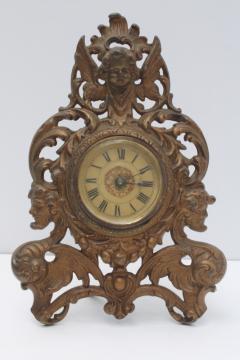 antique art nouveau bronze gold cast metal mantel clock, devils & cherub angel 