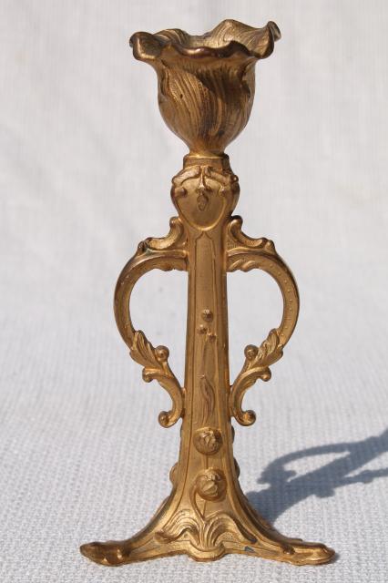 photo of antique art nouveau design cast metal candlestick, brass or spelter w/ old gold paint #1