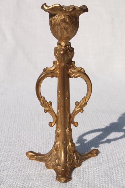 photo of antique art nouveau design cast metal candlestick, brass or spelter w/ old gold paint #2